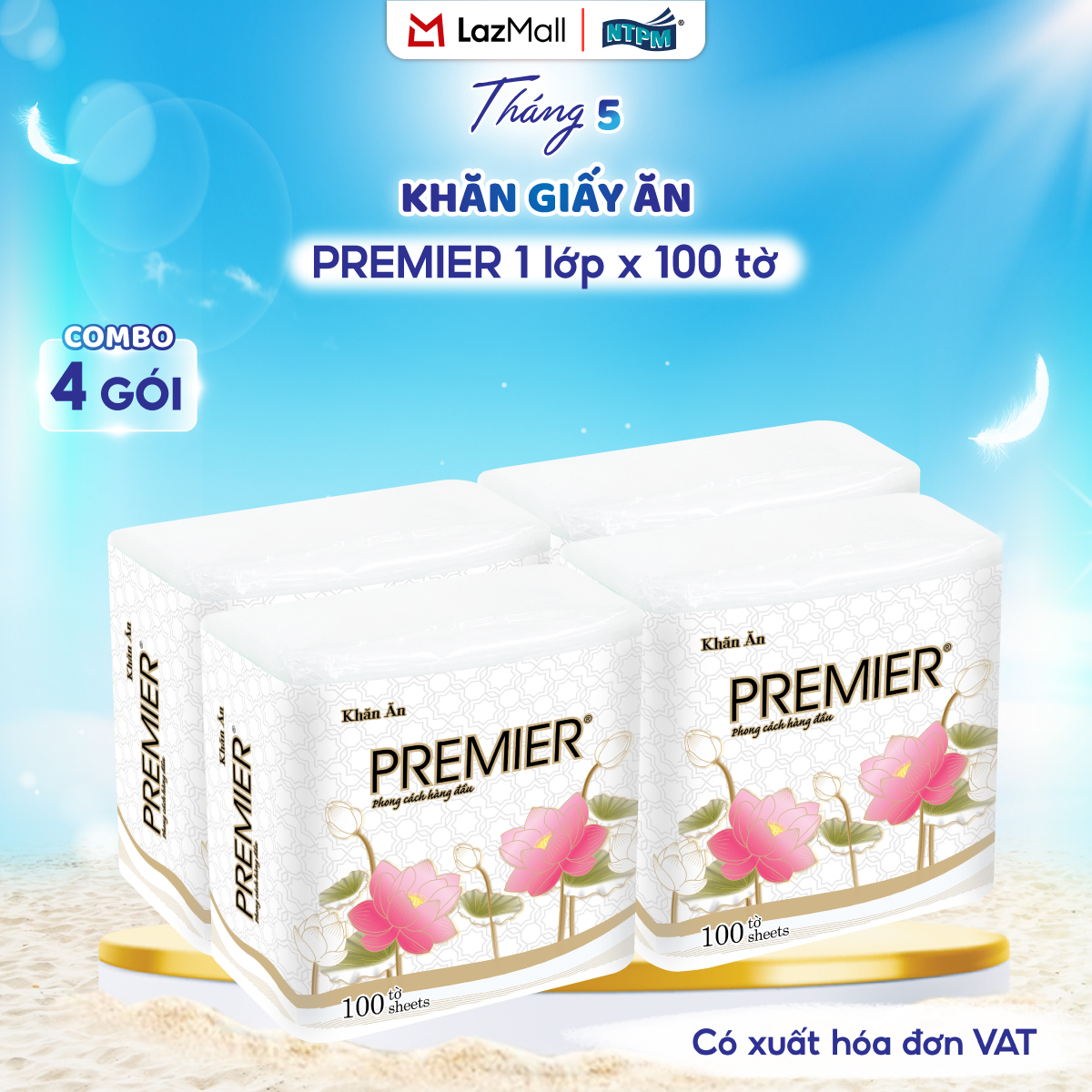 [COMBO 4 GÓI] Khăn giấy ăn Premier, 1 lớp - 100% bột giấy nguyên sinh, không chất tẩy, 100 tờ/gói - Chính hãng
