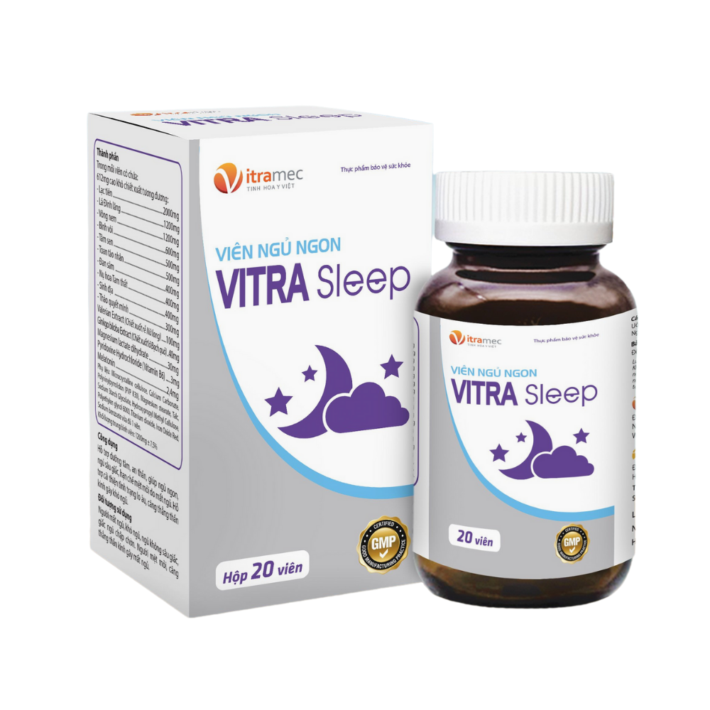 Viên Ngủ Ngon VITRA SLEEP Hỗ trợ dưỡng tâm, an thần, giúp giảm căng thẳng, suy nhược thần kinh, giúp cải thiện tình trạng mất ngủ, tạo giấc ngủ ngon, ngủ sâu giấc.