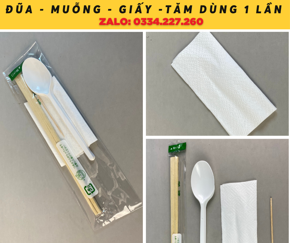 Combo 50 bộ đũa - muỗng - giấy - tăm dùng 1 lần, bộ đồ ăn dùng 1 lần, hàng loại 1, không xước