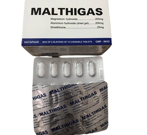 Viên nhai dạ dày Malthigas hộp 60 viên làm giảm các triệu chứng đầy hơi