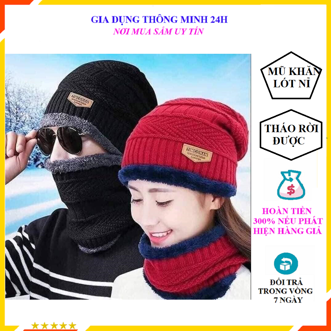 Mũ len nữ mũ len nam kèm khăn quàng cổ mũ len khăn len lót nỉ siêu ấm style hàn quốc