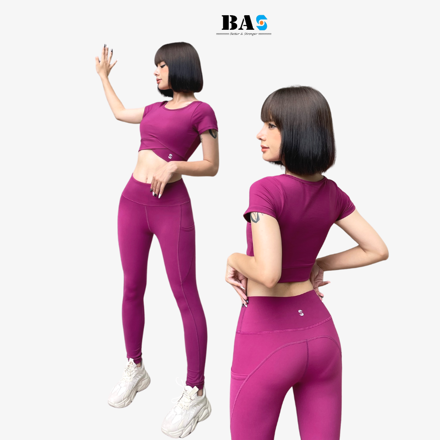 Đồ tập yoga nữ BAS, áo croptop kín lưng phối quần legging cạp cao tôn dáng