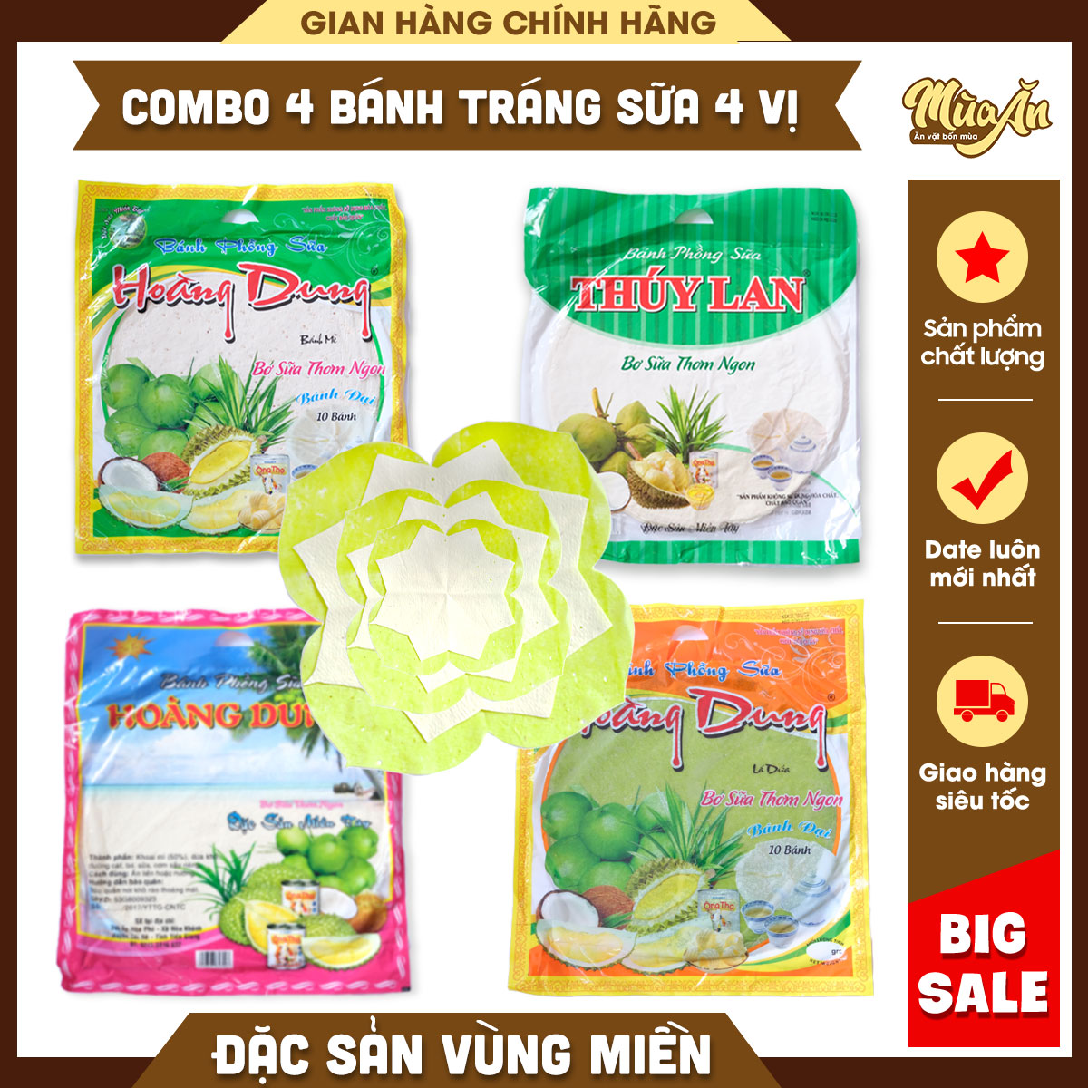 Combo 4 vị bánh tráng sữa Tiền Giang 10 bánh đặc biệt mềm dẻo, Bánh phồng sữa Hoàng Dung Thuý Lan sầu riêng, lá dứa, mè, nguyên chất cốt dừa
