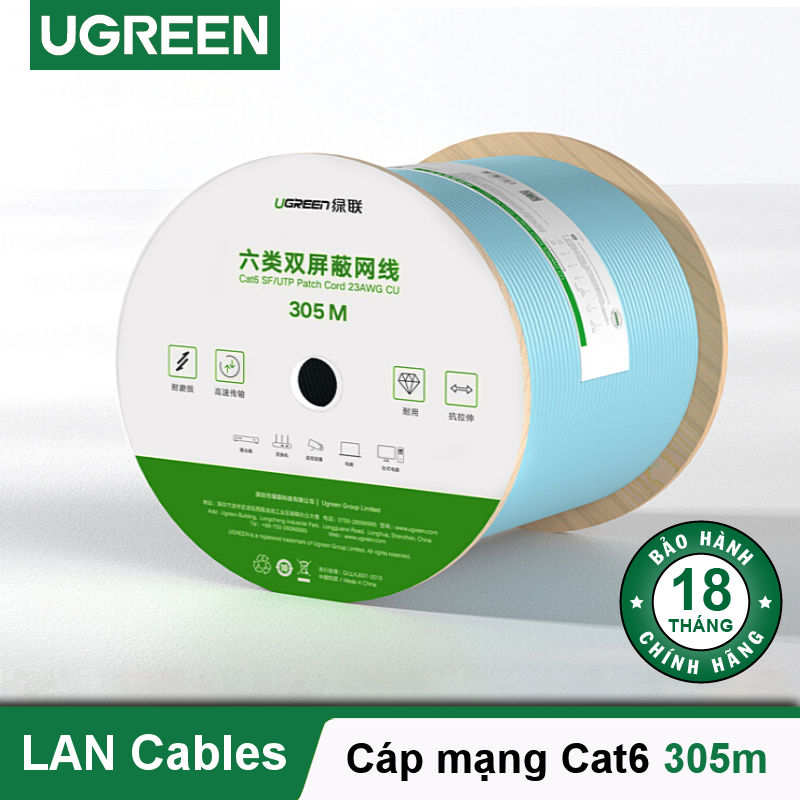 Cáp mạng S/FTP CAT6 cao cấp dài 305m màu xanh da trời UGREEN NW124 70317 Cáp mạng S/FTP CAT6 cao cấp dài 305m màu xanh da trời UGREEN NW124 70317