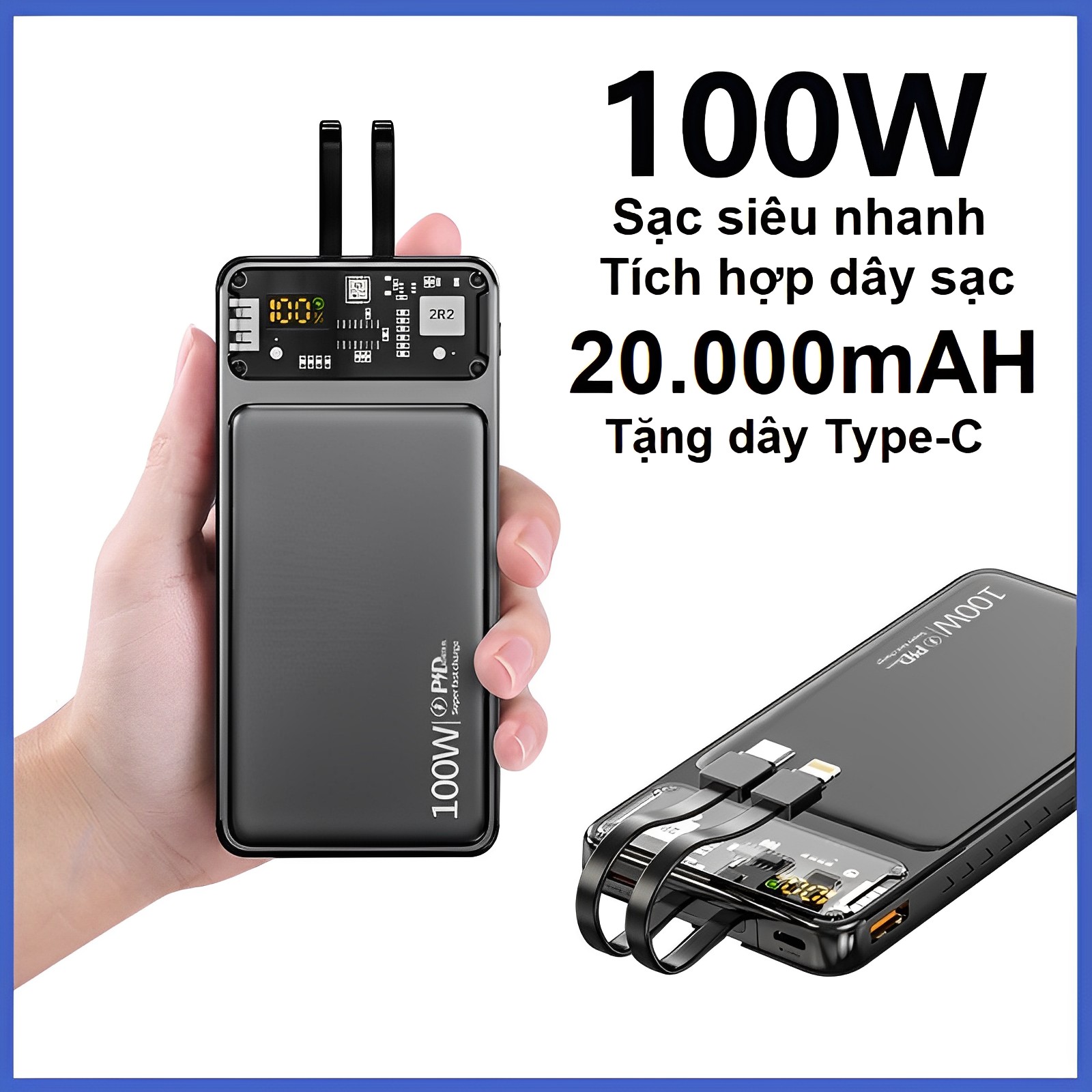 Super Fast Charger 100W 20K-Mah, Built-In Charging Cable, 2-Way Fast Charging