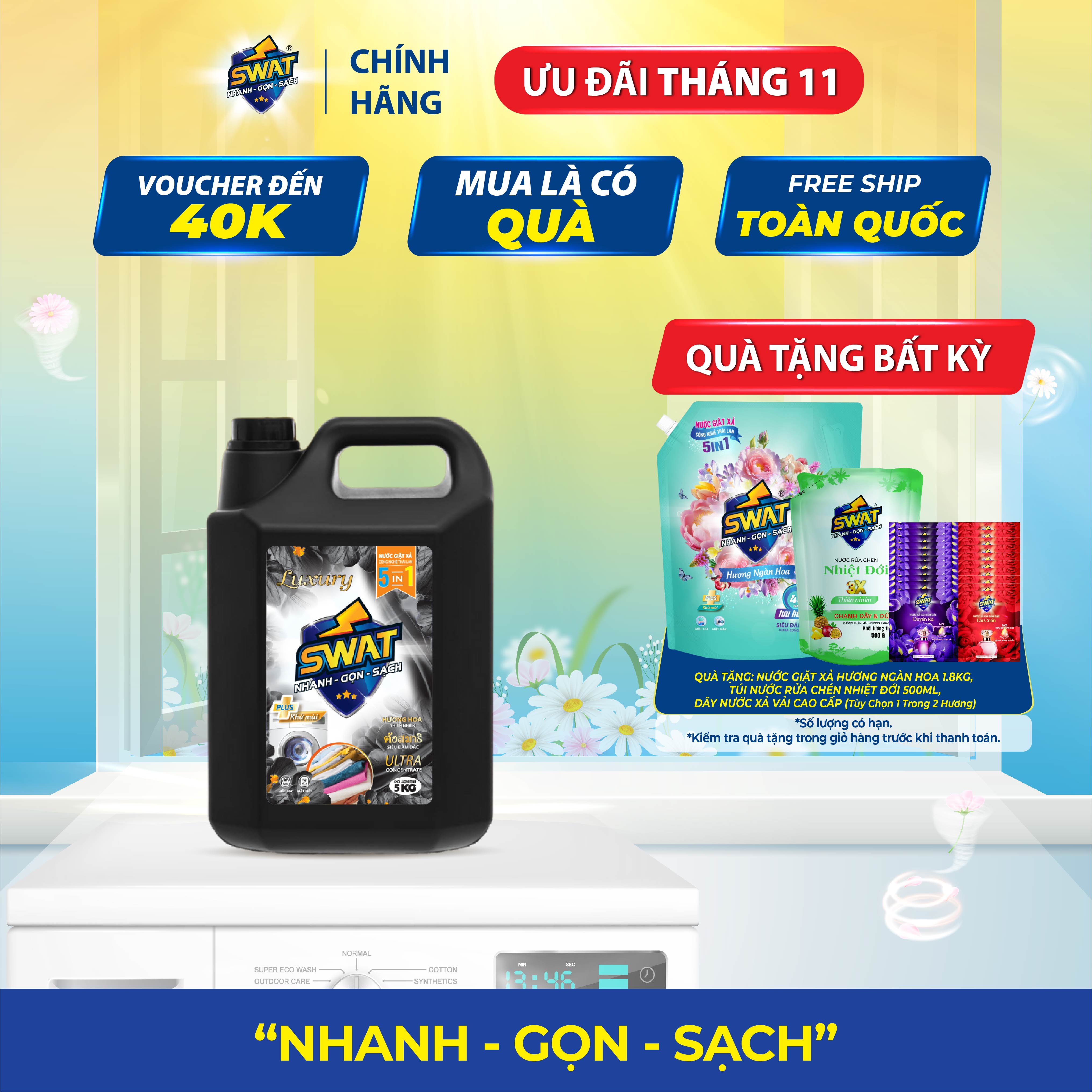  Nước Giặt Xả SWAT 5in1 siêu thơm Can dung tích Khổng Lồ 5 Kg 