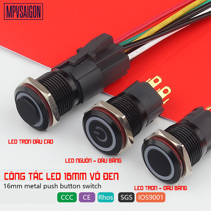 Công tắc 16mm LED tròn vỏ đen Nhấn nhả/ MPVSAIGON – 16mm LED Black momentary push button switch