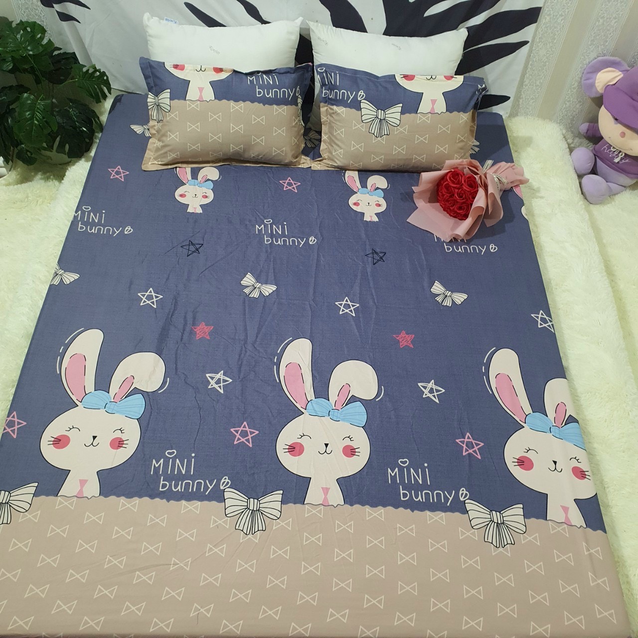 Bộ 3 Món Ga Gối Poly Cotton Mẫu THỎ NƠ/THỎ BUNNY Dành Cho Bé gái/Bạn gái