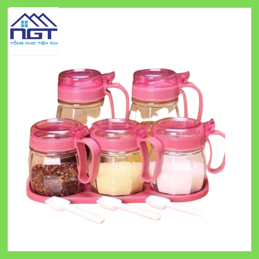 Bộ 5 hủ thuỷ tinh đựng gia vị, bộ gia vị thủy tinh 5 món có tay cầm