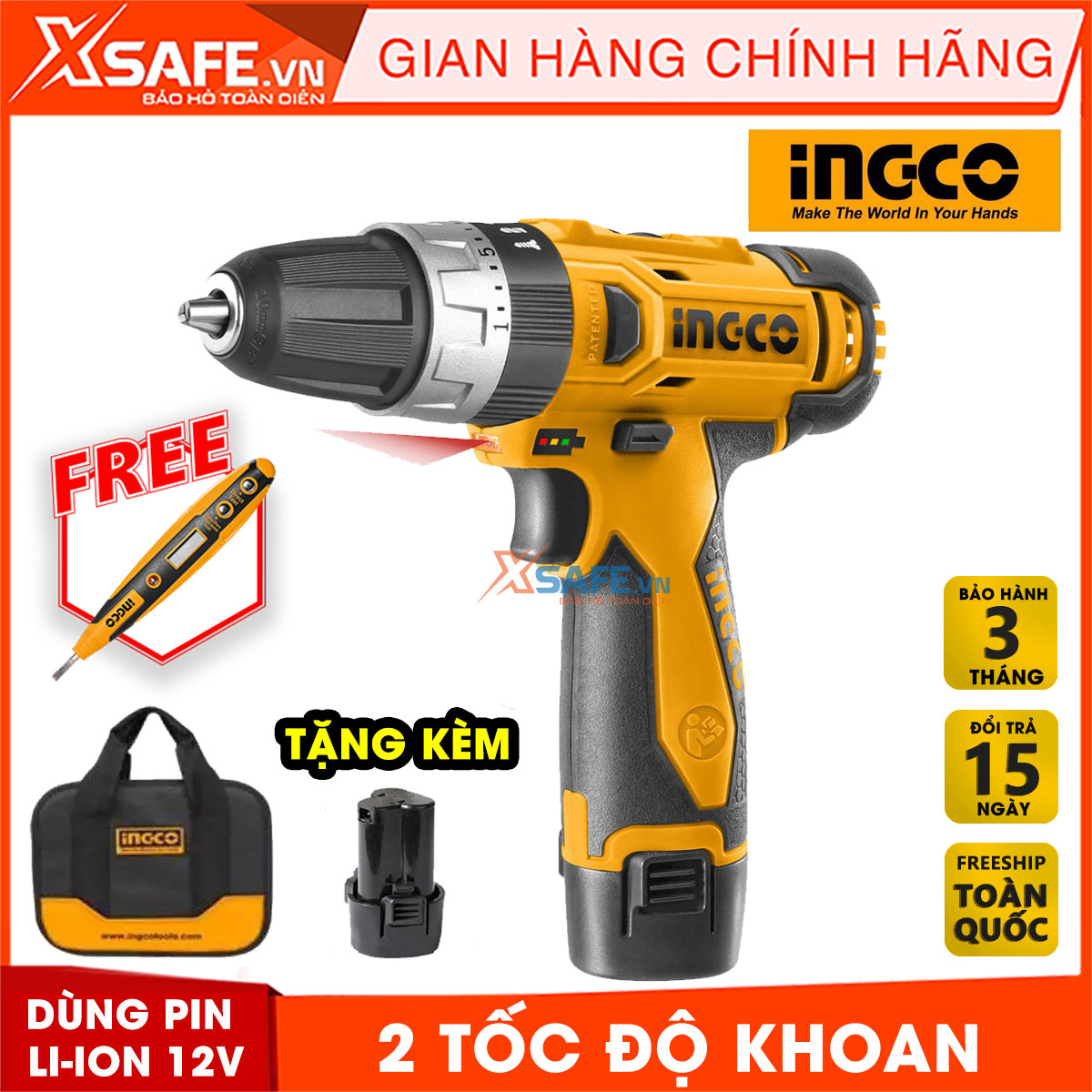 Máy khoan búa dùng pin cầm tay ingco cidli228120 tặng kèm theo 2 pin li-on , 2 mũi cr-v 50mm, 3 mũi khoan. máy khoan búa minicó đèn led, pin có đèn led