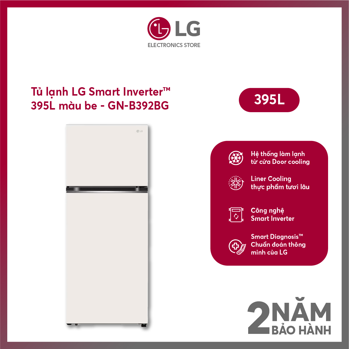 [FreeSHIP COD + Lắp Hà Nội] Tủ lạnh LG Inverter 395 lít GN-B392BG