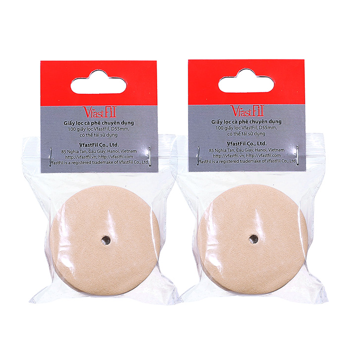 2 túi giấy lọc cafe pha phin đường kính 55mm sử dụng cho bộ dụng cụ cafe phin VfastFil, 100 tờ/túi, giấy lọc cafe được làm bằng bột gỗ tự nhiên màu nâu không tẩy trắng và tái sử dụng được
