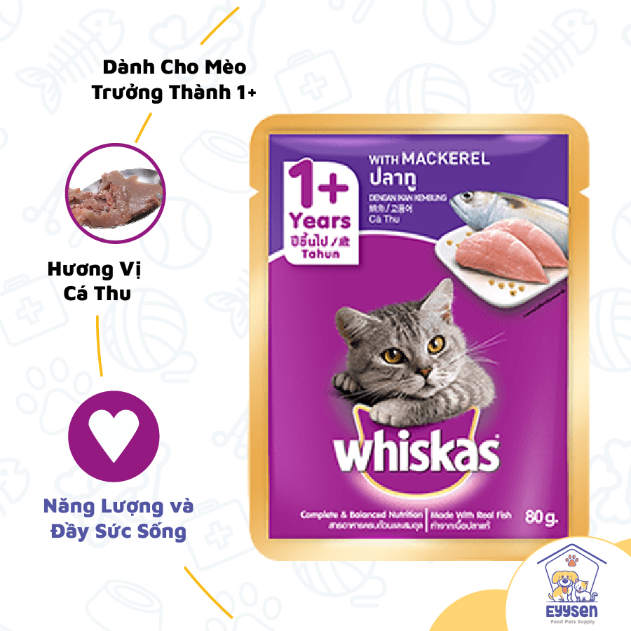 Thức ăn cho mèo whiskas sốt pate, hương vị cá thu, mackerel, mèo trưởng thành 1+, khối lượng 80g - eyysen