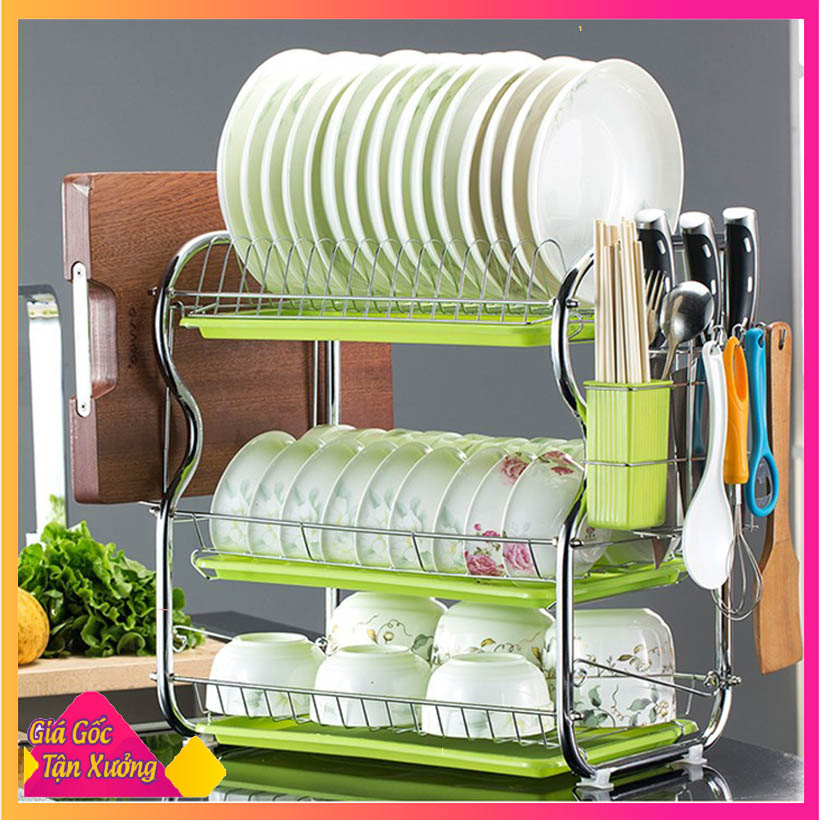 Kệ úp chén bát inox 3 tầng 42X25X43cm, khung inox cao cấp, kèm ống cắm đũa thìa, khay hứng nước, Giá úp chén bát inox, gọn gàng, thông minh