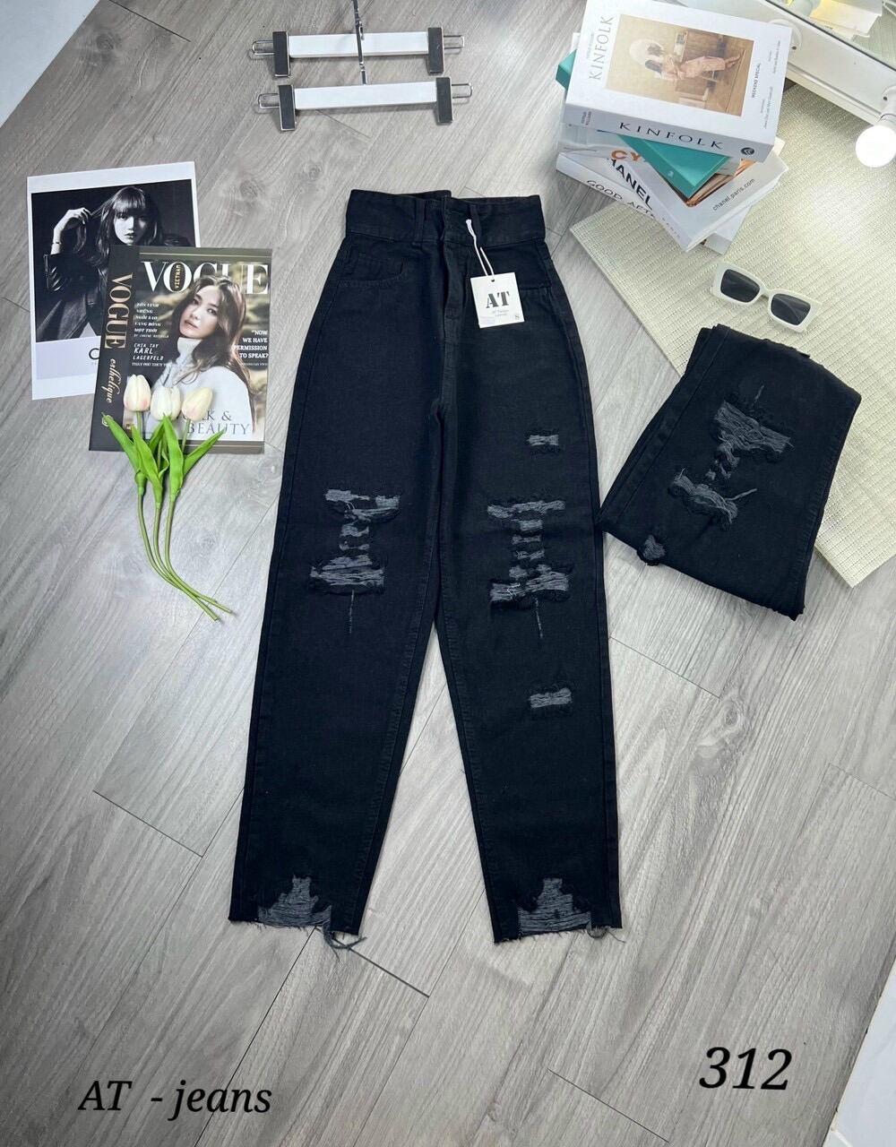 Baggy jeans lưng cao 2 nút rách nhiều