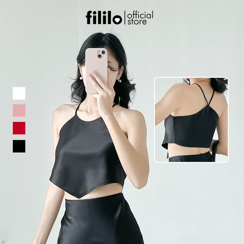 Áo 2 dây croptop cổ yếm tà nhọn fililo vải lụa heri top form chuẩn thiết kế cao cấp