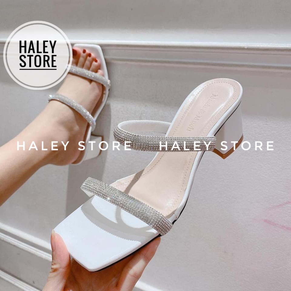 Giày guốc nữ HALEY STORE gót vuông 7cm hai quai đính đá xoàn phale sáng rẻ bền đẹp tiểu thư thời trang mới đi chơi tiệc