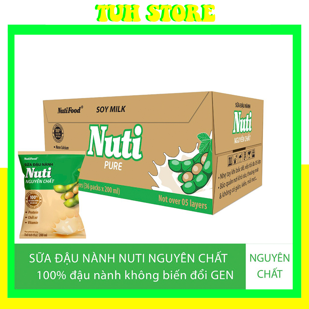 Thùng 36 bịch sữa đậu nành nuti nguyên chất 200ml