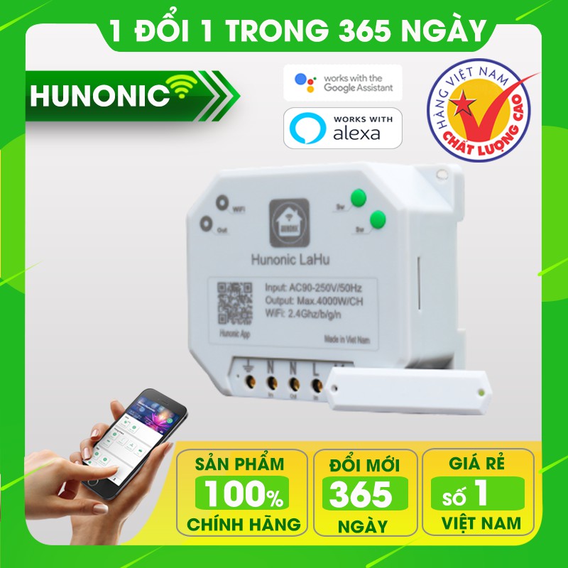 Công tắc thông minh phần mềm Tiếng Việt Hunonic Lahu Chuyên dùng máy bơm, bình nóng lạnh . Công tắc cảm ứng WIFI hỗ trợ Google Assistant- Công tắc điện 2 màu đen trắng Hàng Việt Nam Chất Lượng Cao- BH 12 tháng