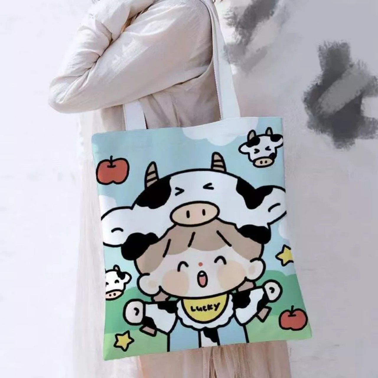 Túi tote vải canvas kiểu in 2 mặt bé gái - Hàng Quảng Châu