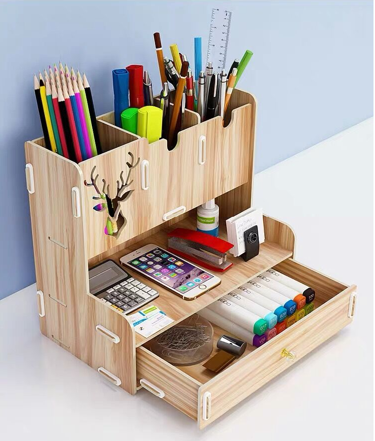 Kệ đựng văn phòng phẩm, kệ mỹ phẩm có ngăn bằng gỗ hình chú huơu 10259