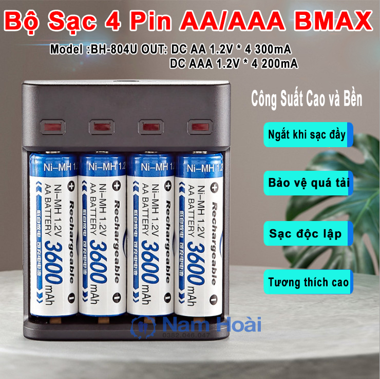 Bộ sạc pin aa aaa bmax bh-804u - bộ sạc pin tiểu - pin sạc aa aaa hàng chính hãng