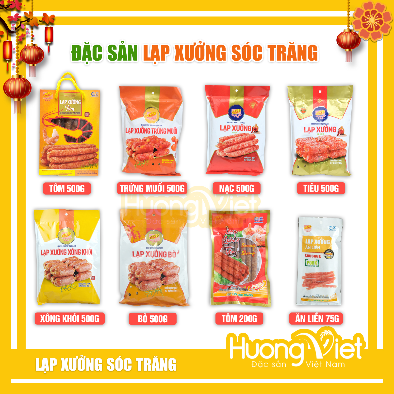 Lạp xưởng Sóc Trăng Tân Huê Viên, lạp xưởng nạc, lạp xưởng tôm, lạp xưởng trứng muối, lạp xưởng bò thơm ngon đậm vị, thương hiệu 30 năm, lạp xưởng tết 2023