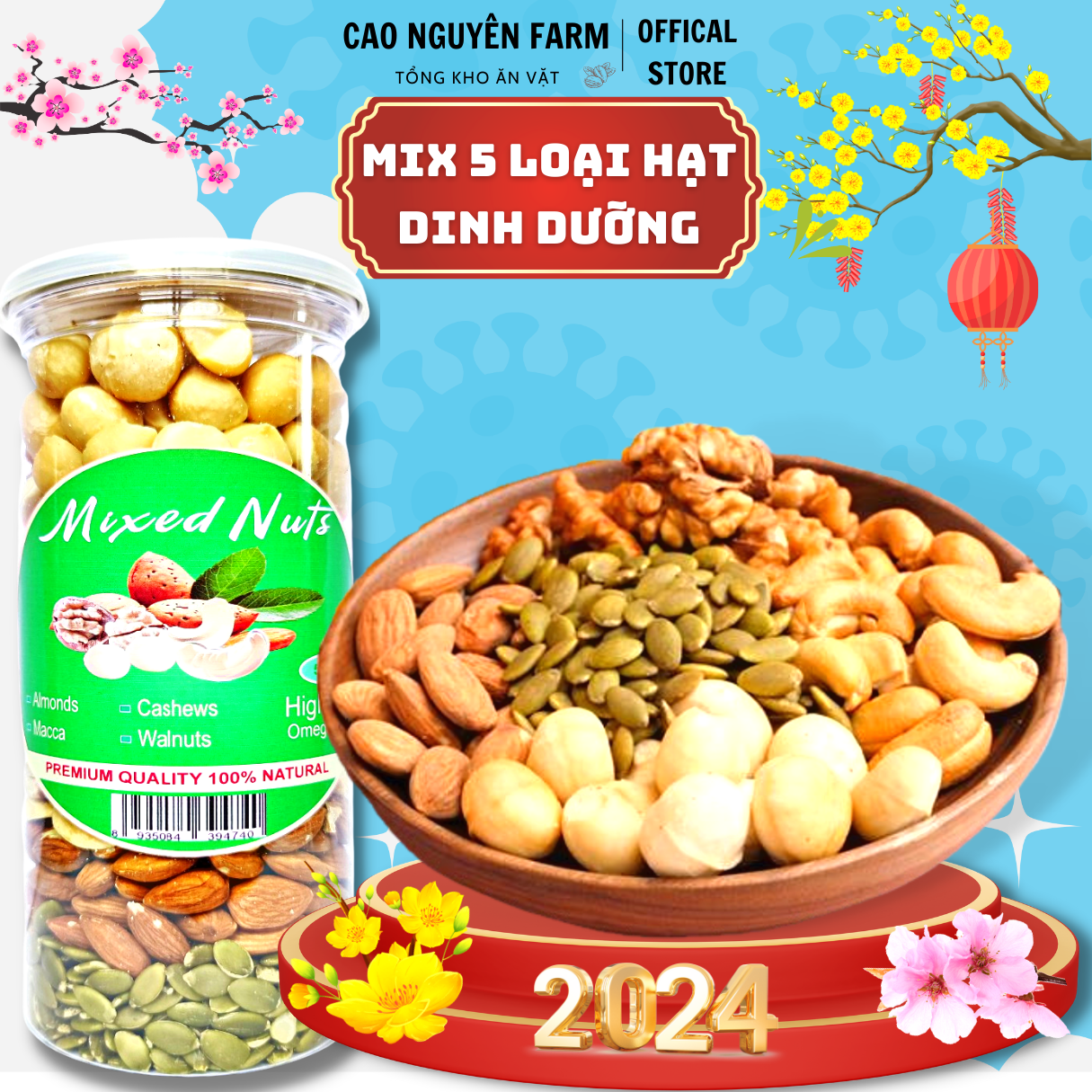 Hạt dinh dưỡng Mix 5 loại hạt 450g, Loại 1, tốt cho bà bầu, thai nhi, ăn vặt healthy, hạt ăn tết _cao nguyên farm