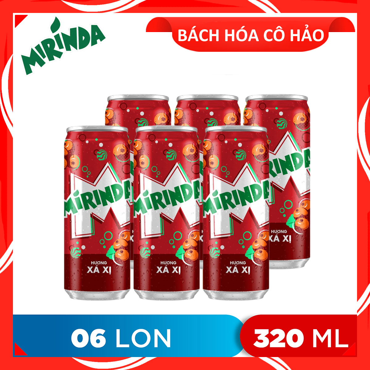  LỐC 6 LON NƯỚC NGỌT HƯƠNG XÁ XỊ MIRINDA 320ML 