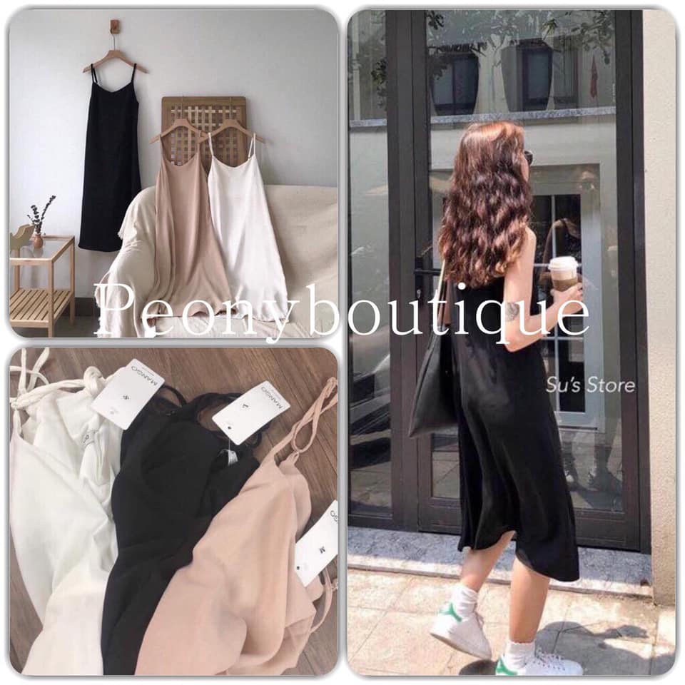 Váy 2 dây suông đũi trơn nữ 🌸 Đầm dáng xuông dài midi sợi bún trễ vai màu Đen | Trắng | Be ullzang SIÊU HOT 🌸