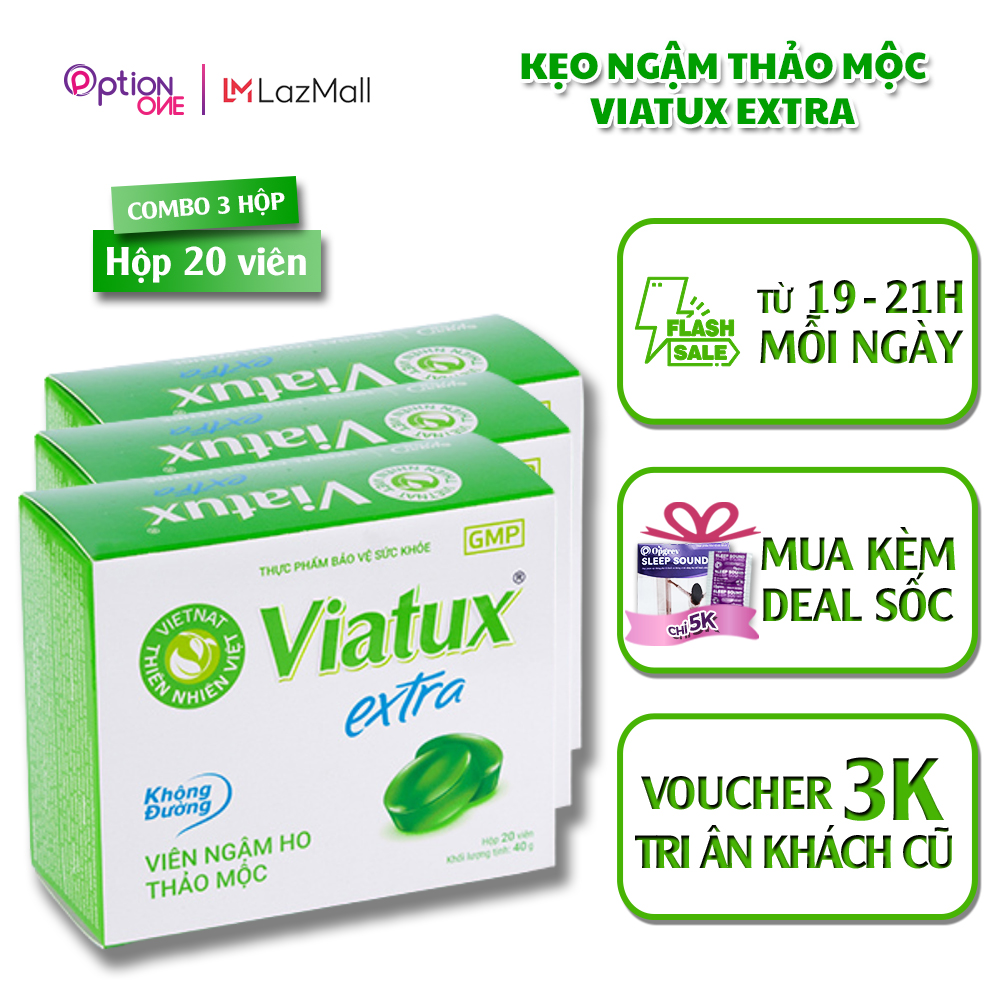 Combo 3 Hộp Kẹo Ngậm Viatux Extra Vietnat Thảo Mộc Không Đường Giảm Ho Đau Họng Khàn Tiếng - Hộp 20 Viên