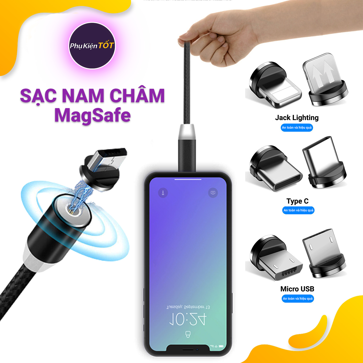 Cáp sạc nam châm từ tính 3 trong 1 dành cho iphone android micro usb type c xoay 360 độ