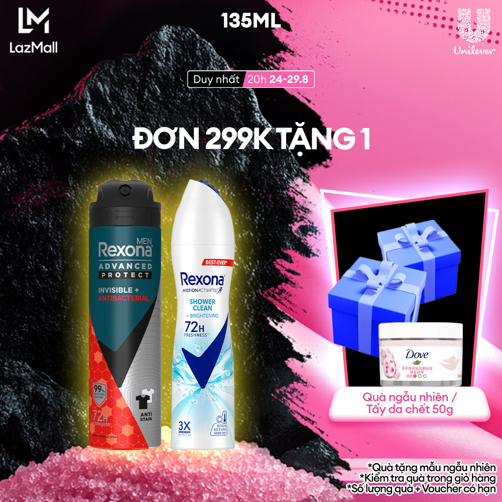 Xịt khử mùi Rexona Men Invisible & Antibacterial 72h khô thoáng kháng khuẩn dành cho nam, 135ml
