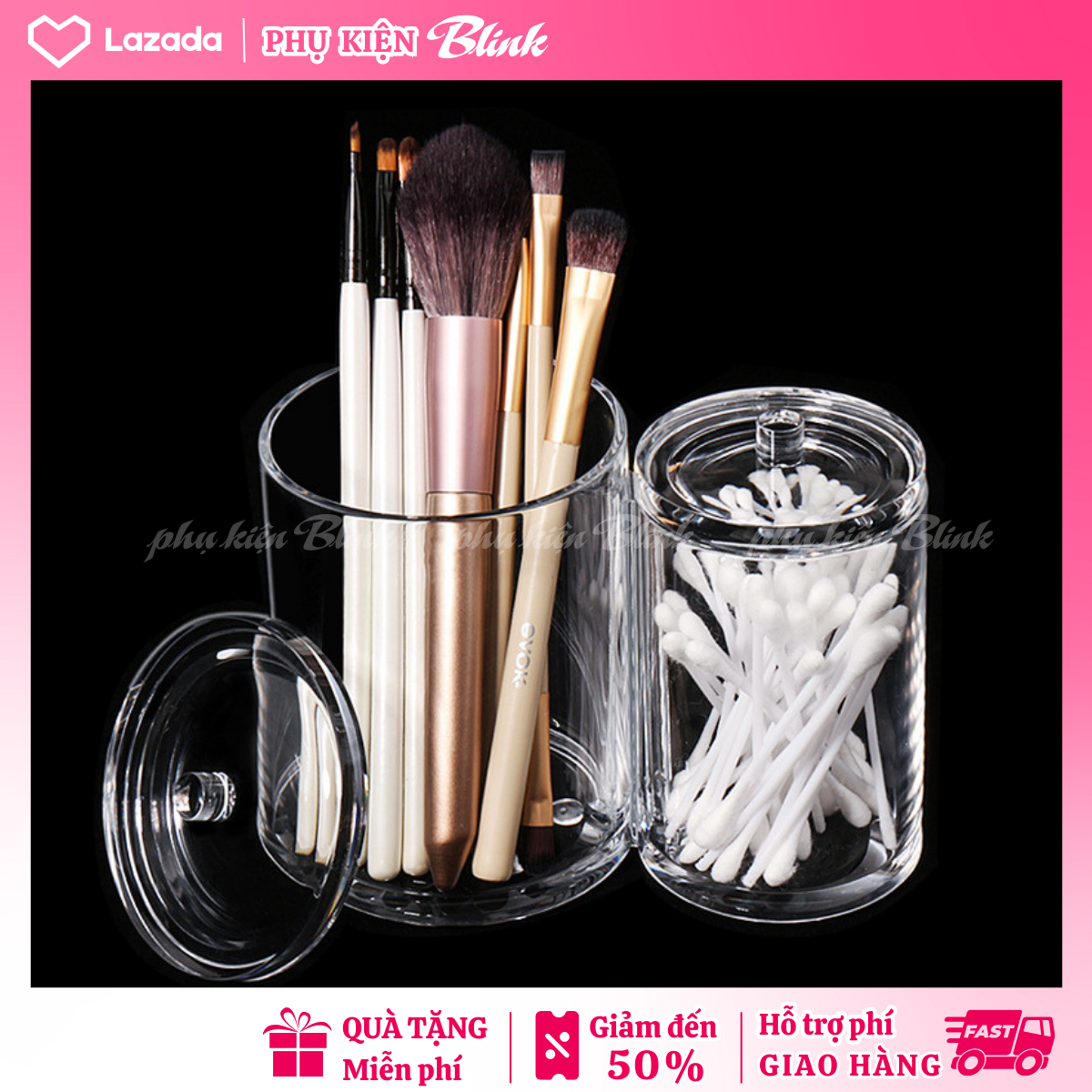 (Hàng to dày loại 1) Hộp đựng tăm bông, bông tẩy trang, cọ trang điểm chia 2 ngăn chất liệu mica trong suốt tiện lợi, vệ sinh, ngăn nắp