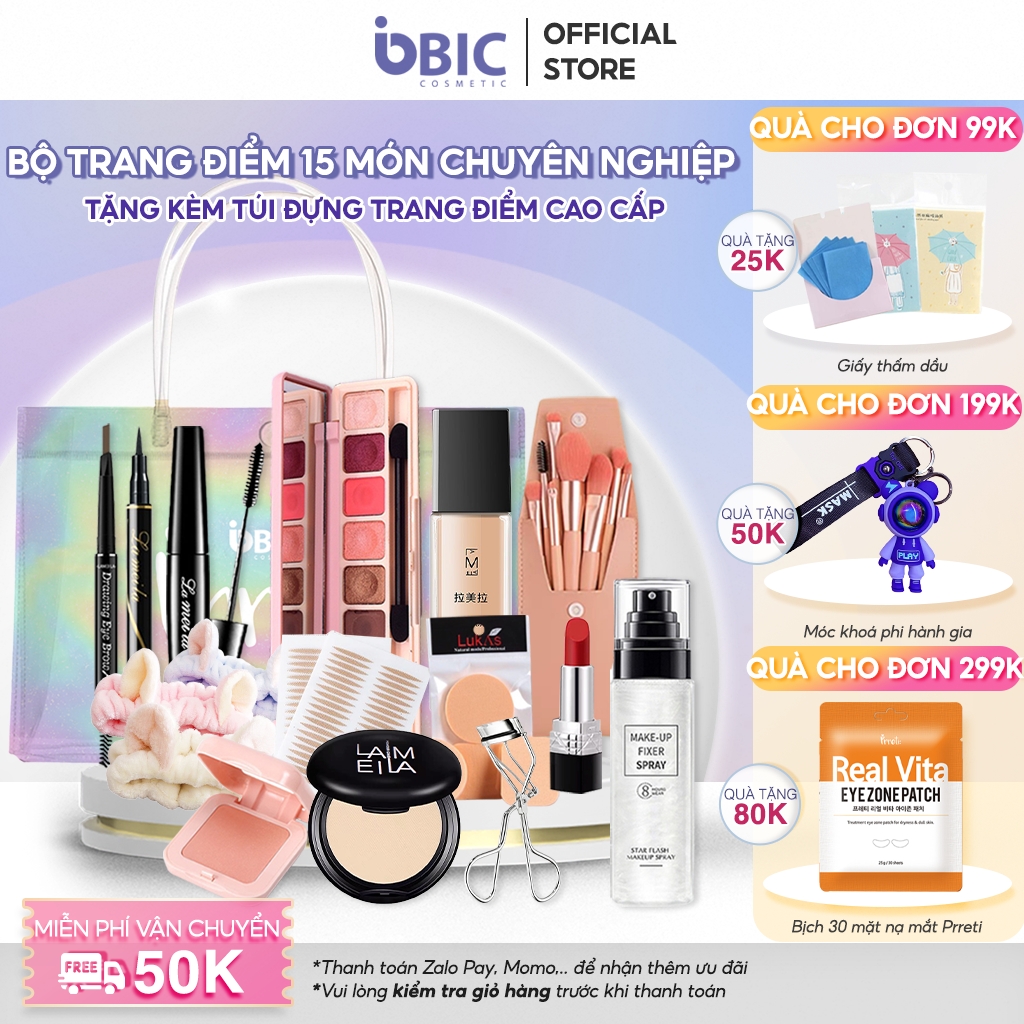 HOÀN TIỀN 15% - Combo bộ trang điểm đầy đủ 15 món cho người mới makeup Phấn mắt Chì kẻ mày Bút dạ kẻ mắt Chuốt mi Phấn má  Son môi Kem nền che khuyết điểm Phấn phủ kiềm dầu Xịt khóa nền makeup Set cọ 8 cây trang điểm BIC COSMETIC