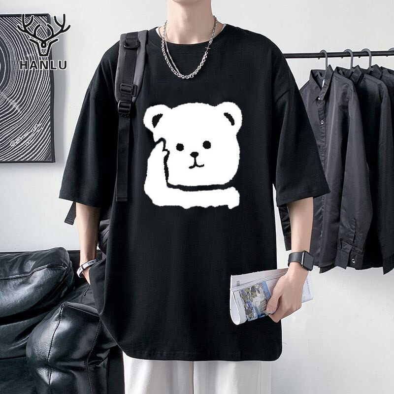 Hanlu dễ thương in của nam giới Ngắn Tay Áo gấu in đôi ngắn tay áo t-shirt cổ tròn ngắn tay áo hàng đầu màu đen và trắng cổ điển matching821