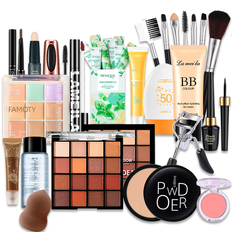 Combo trang điểm LAMEILA 18 món Kem BB+Phấn phủ+Phấn mắt+Mascara+Chì kẻ mày+Kem Lót Cách Ly Kem +Son môi +bút tạo khối +kẻ mắt+Phấn má hồng+kẹp bấm mi+Dao tỉa lông mày+Cọ trang điểm+Kem che khuyết điể