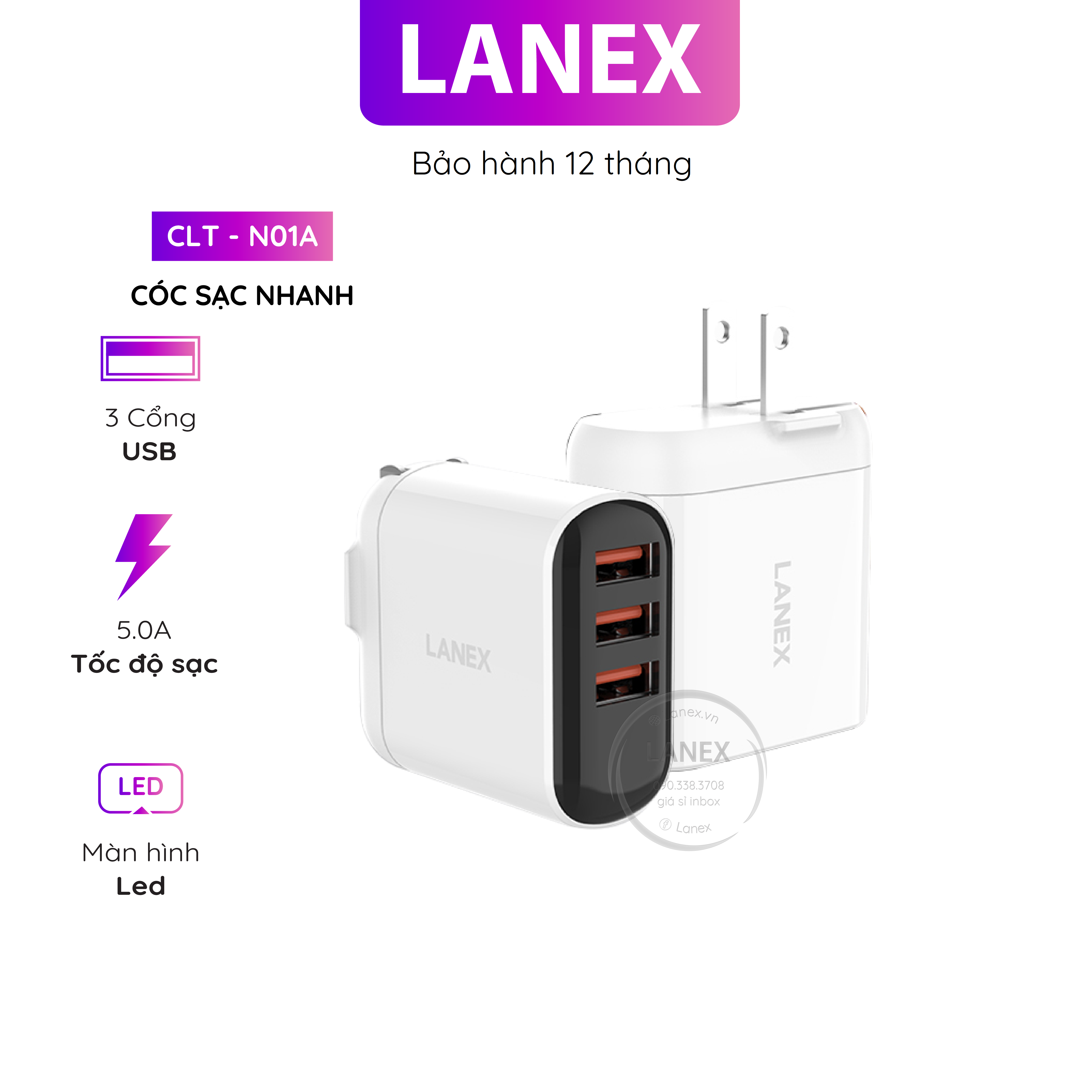 Cóc sạc nhanh lanex lct - n01a 3 cổng usb 5.0a màn hình led
