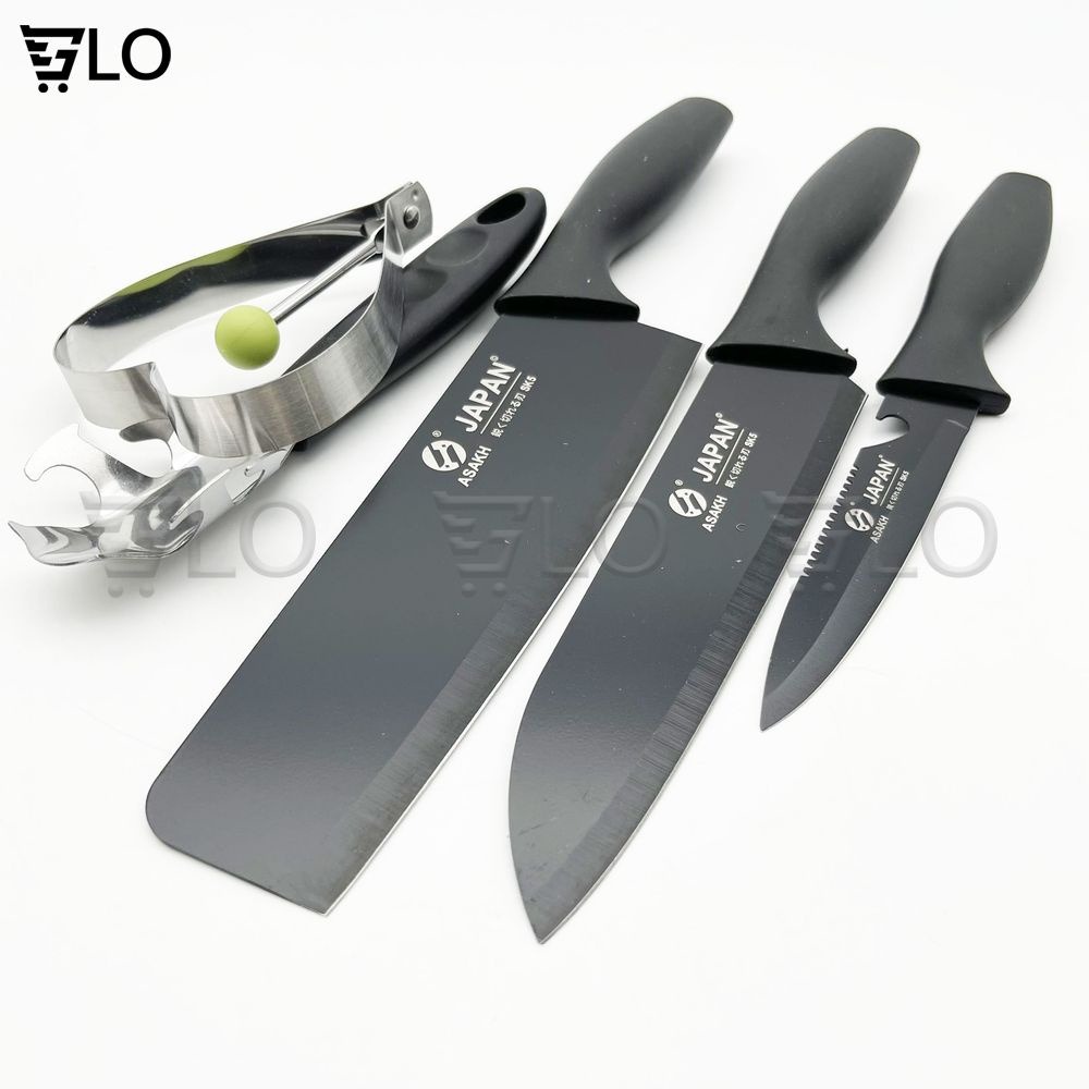 Bộ dao nhà bếp 5 món đa năng japan asakh, bộ dao nhật bản, gồm có dao chặt, dao thái, dao gọt trái cây, khuôn trứng, mở bia