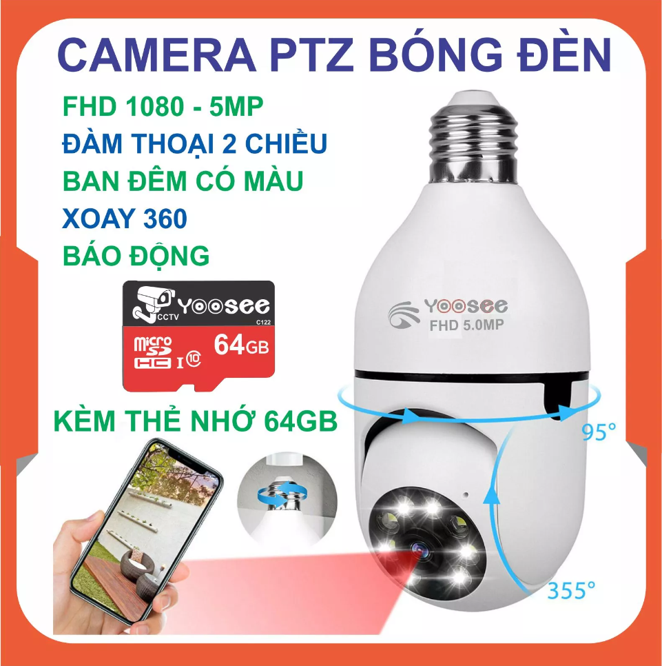 (BH 1 NĂM - TÙY CHỌN THẺ 128GB/64GB/32 )Camera bóng đèn Yoosee 2MPX siêu hot năm 2023 Có màu ban đêm - Bản đầy đủ chức năng đàm thoại , ghi âm , xoay 360 độ