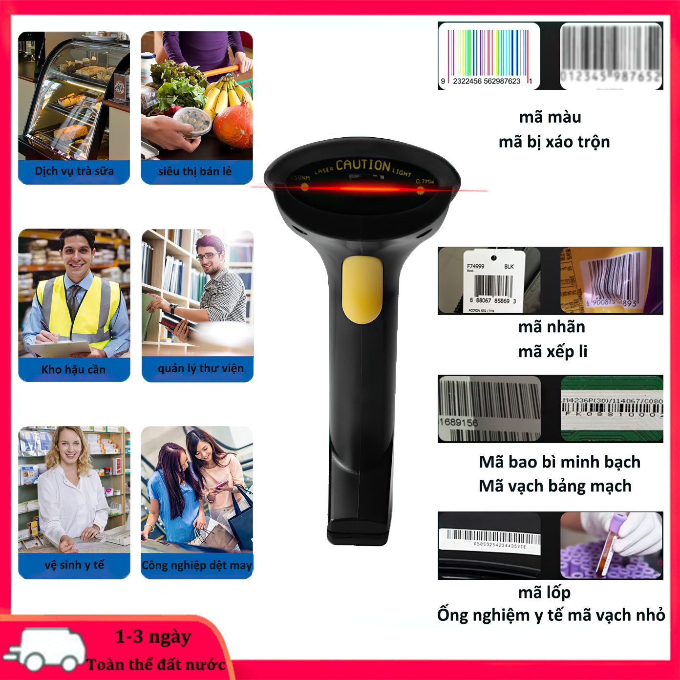  Máy Bắn Mã Vạch Máy Quét Mã Vạch Không Dây Cao Cấp Máy Quét Mã Vạch. Máy Scan Cực Nhanh Quét Mã Vạch Hàng Hóa, Nhỏ Gọn Tiện Dụng Công Nghệ Laser Tiên Tiến ,Nhanh Chóng  Hiệu Quả- Chính xác  Tiết Kiệm. 