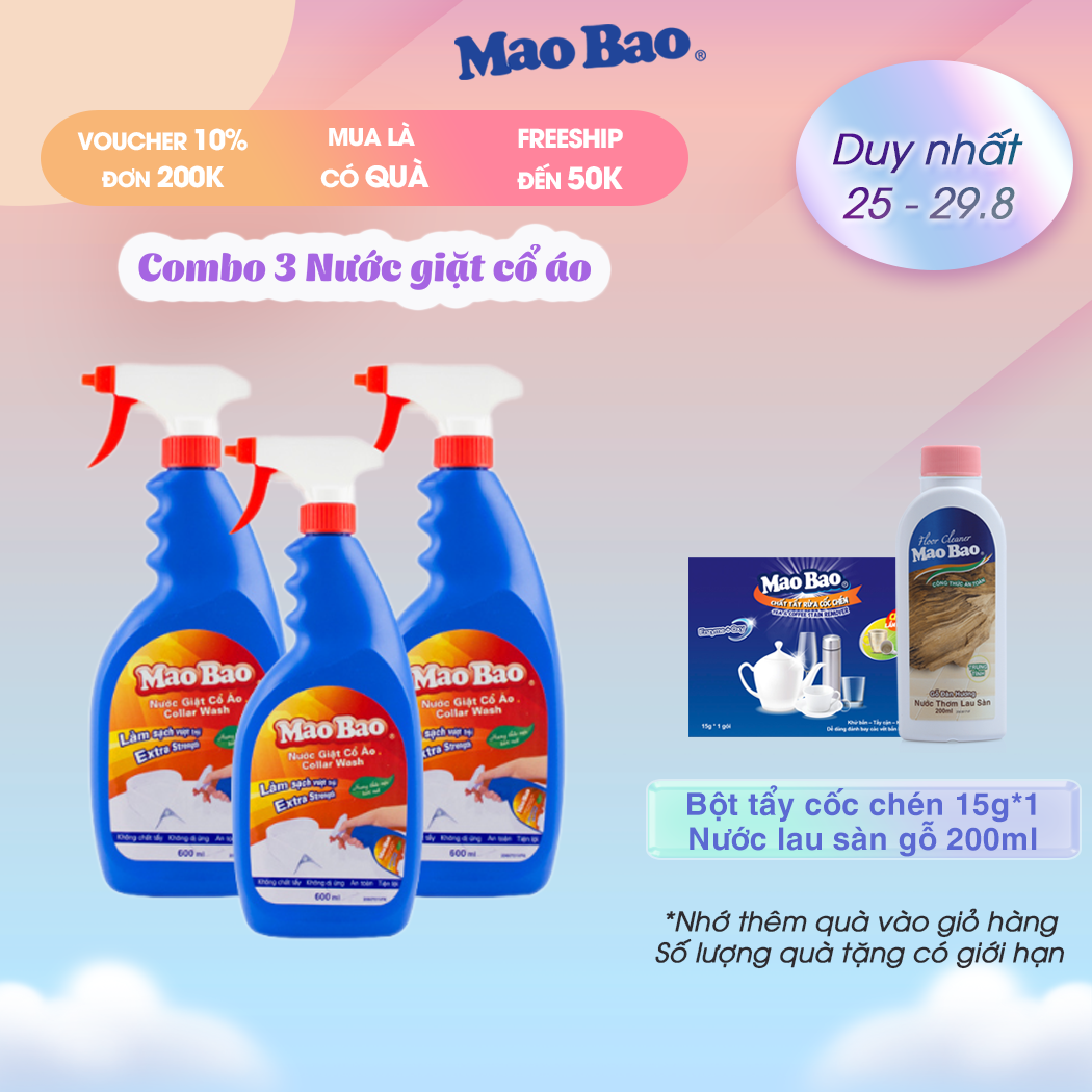 Combo 3 chai Nước giặt tẩy cổ áo Mao Bao 600ml tẩy sạch cổ áo, tay áo, nách áo, không phai màu, không hại da tay