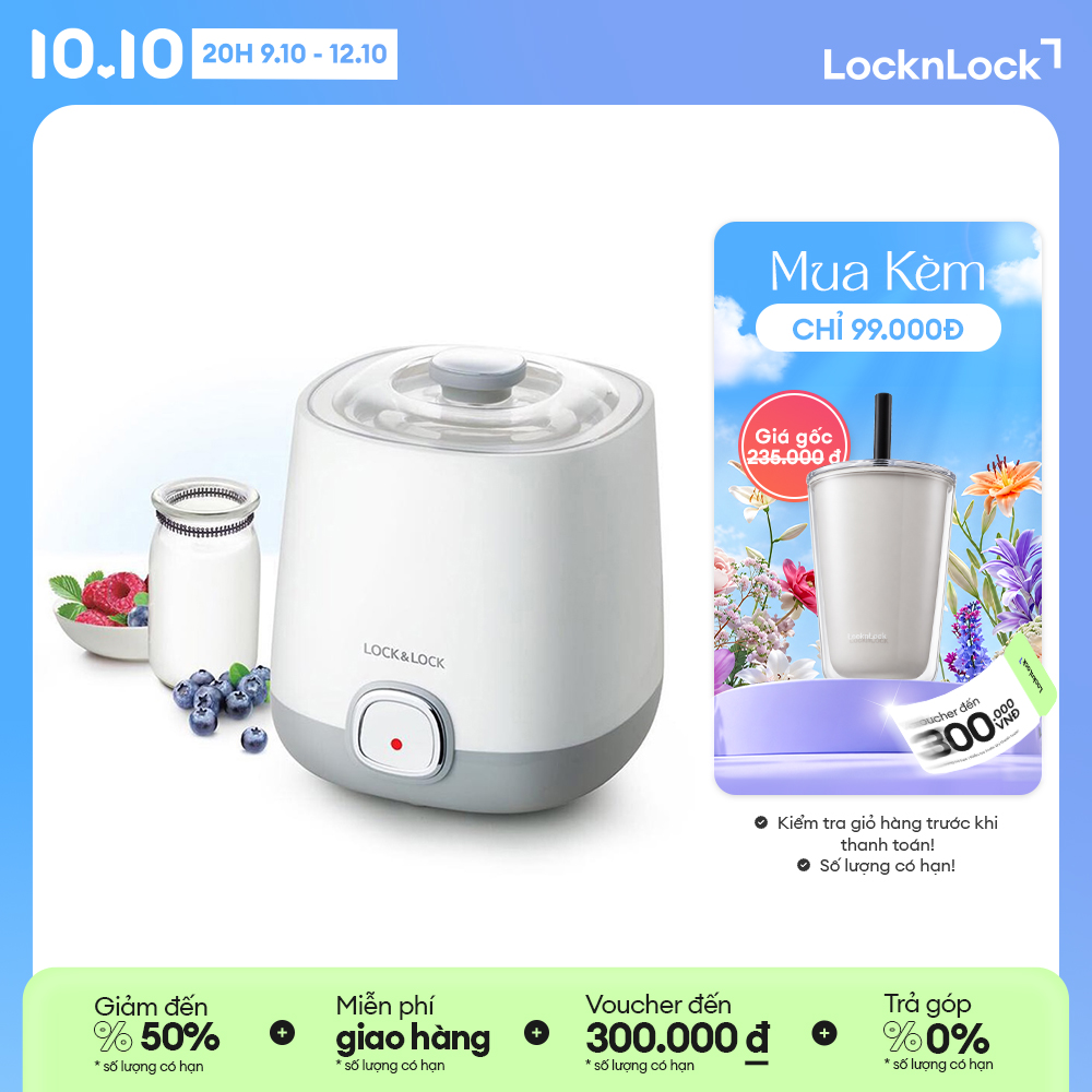 Ejy110slv - máy làm sữa chua tự động lock&lock 1l 20w - hệ thống đèn led đổi màu theo nhiệt độ- hàng chính hãng - bảo hành 2 năm
