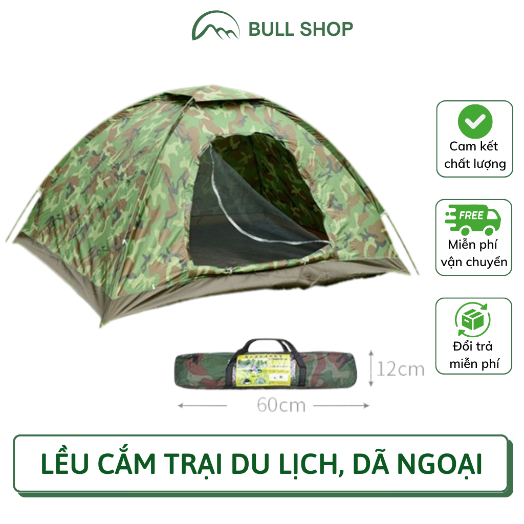 Lều ngủ cắm trại đi phượt 2 - 3 người vải dù cao cấp 200x150x130 cm rằn ri cửa 2 lớp chống thấm nước liều leu cam trai camping dã ngoại