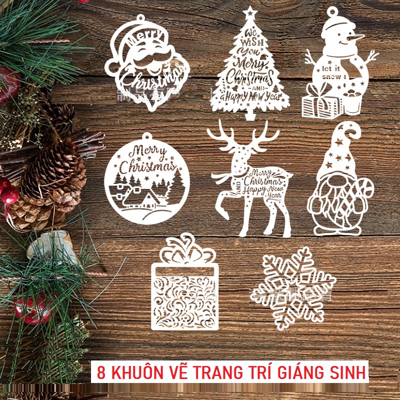 Bộ 8 khuôn rỗng vẽ tranh, dùng để trang trí mùa giáng sinh, Noel, thiệp, hộp quà, sổ tay, báo tường, đồ nội thất...