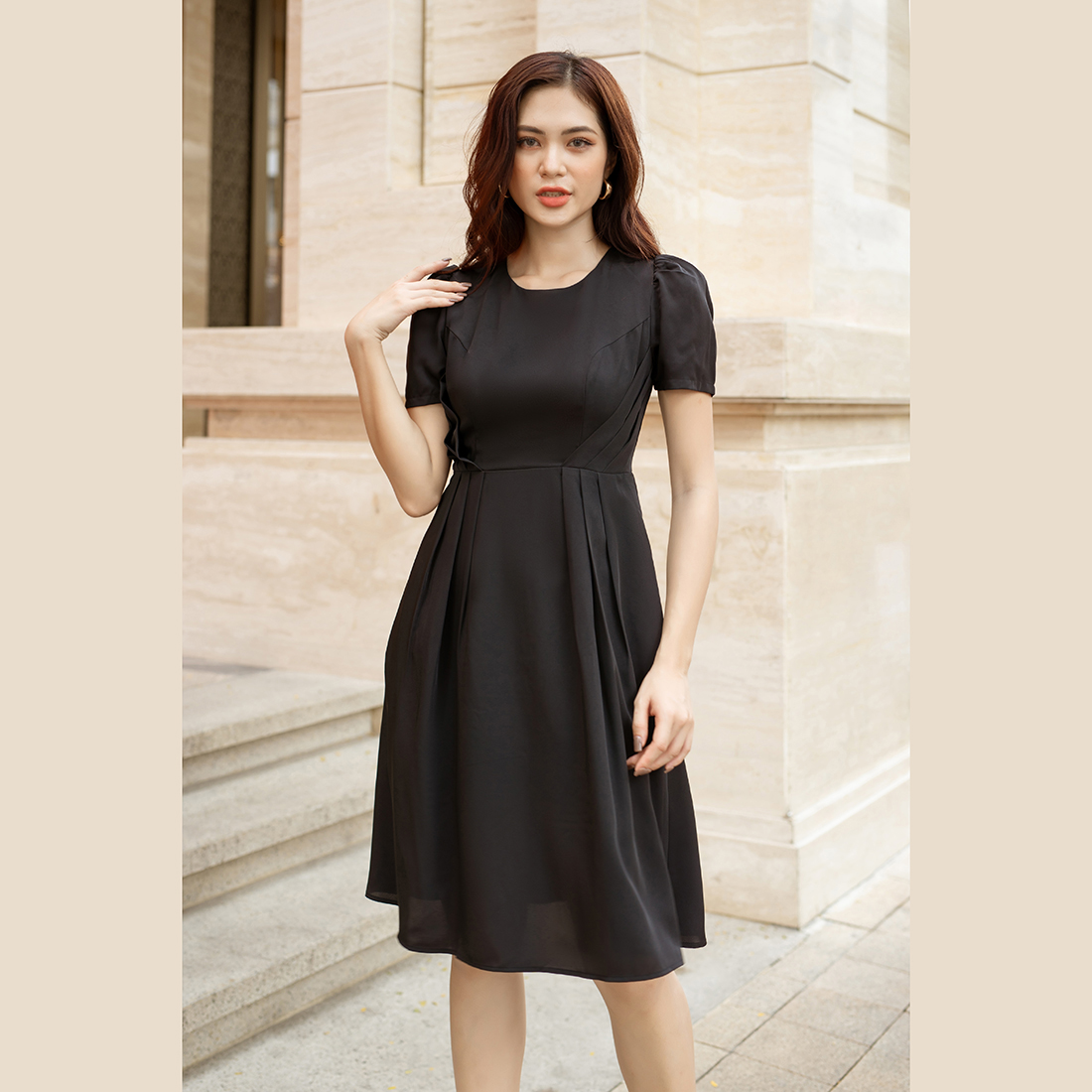 Đầm xòe công sở cổ tròn xếp ly eo - Eden Fashion Store - D476