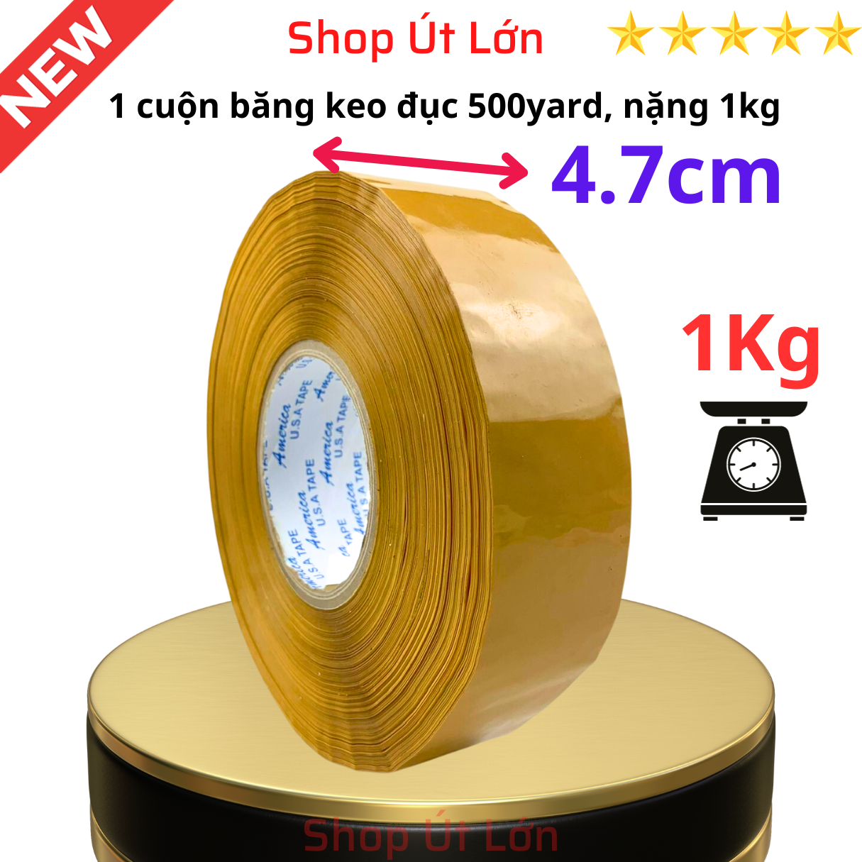 1 Cuộn băng keo đục 500yard, nặng 1kg, rộng 4,7cm, lõi giấy 5mm