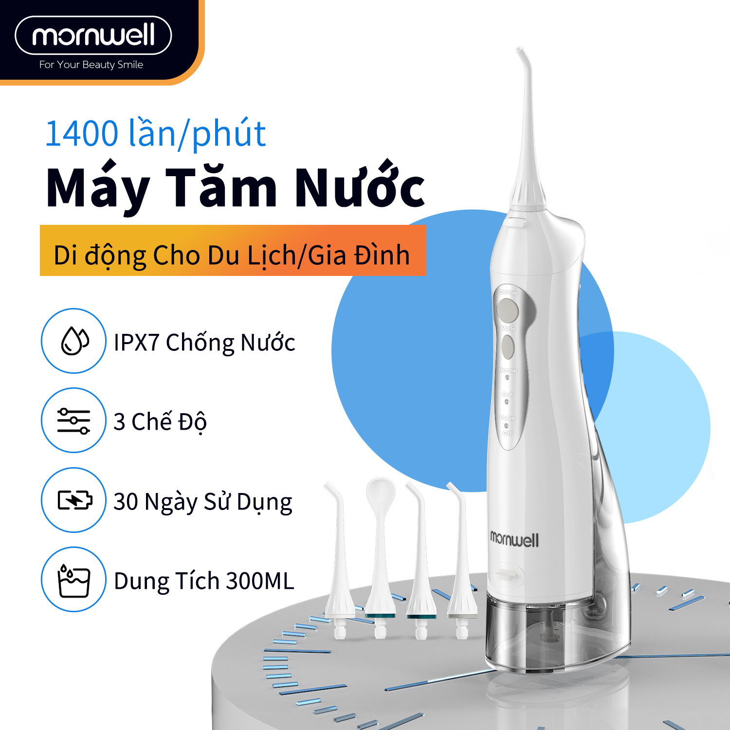 Máy Tăm Nước Cầm Tay Mornwell D52 Làm Sạch Răng Hiệu Quả 3 Chế Độ Chống nước IPX7 Dung lượng 300ML,Dùng Cho Đi Du Lịch/Gia Đình