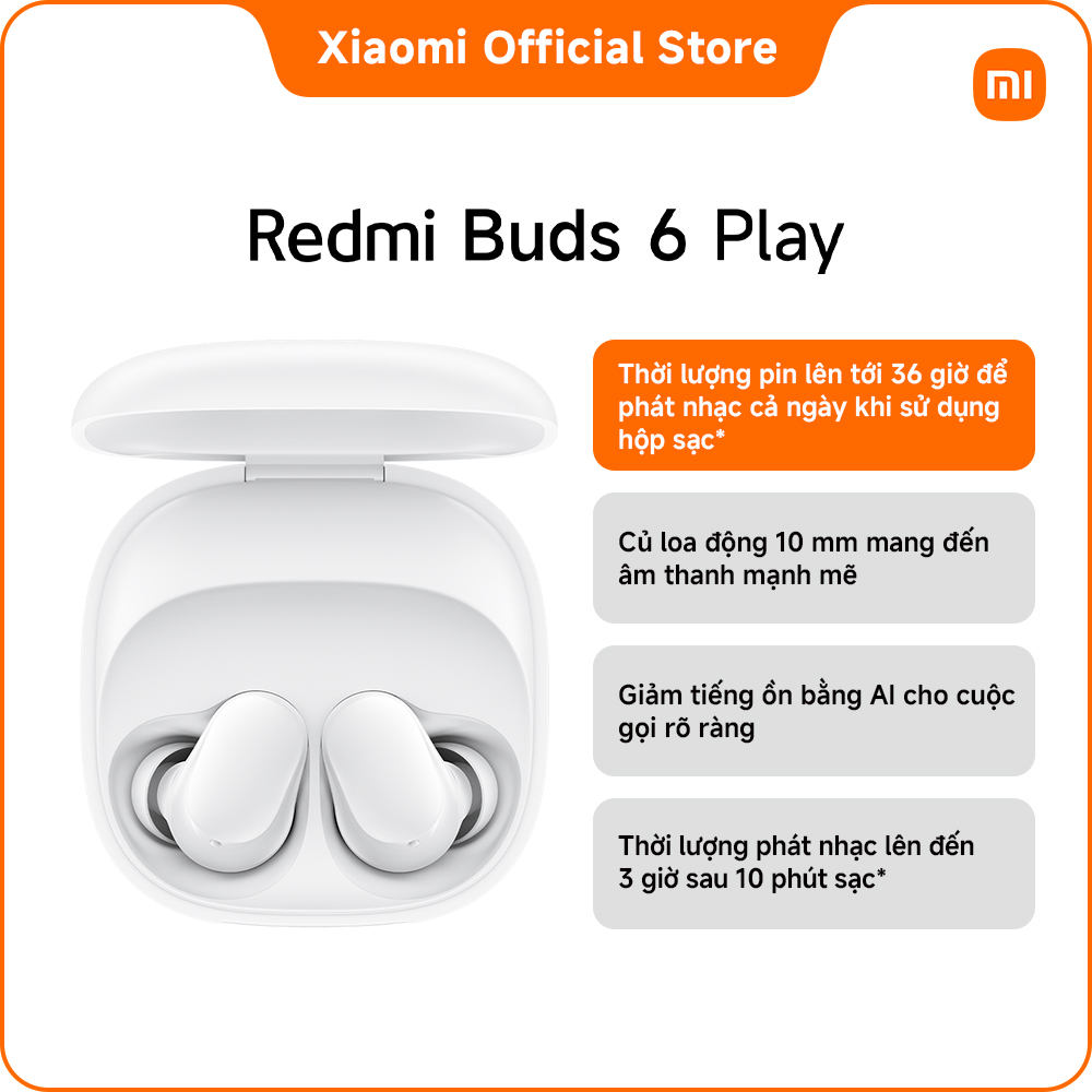 Tai nghe Bluetooth REDMI Buds 6 Play | Thời lượng pin lên tới 36 giờ | Củ loa động 10 mm mang đến âm thanh mạnh mẽ | Giảm tiếng ồn bằng AI cho cuộc gọi rõ ràng