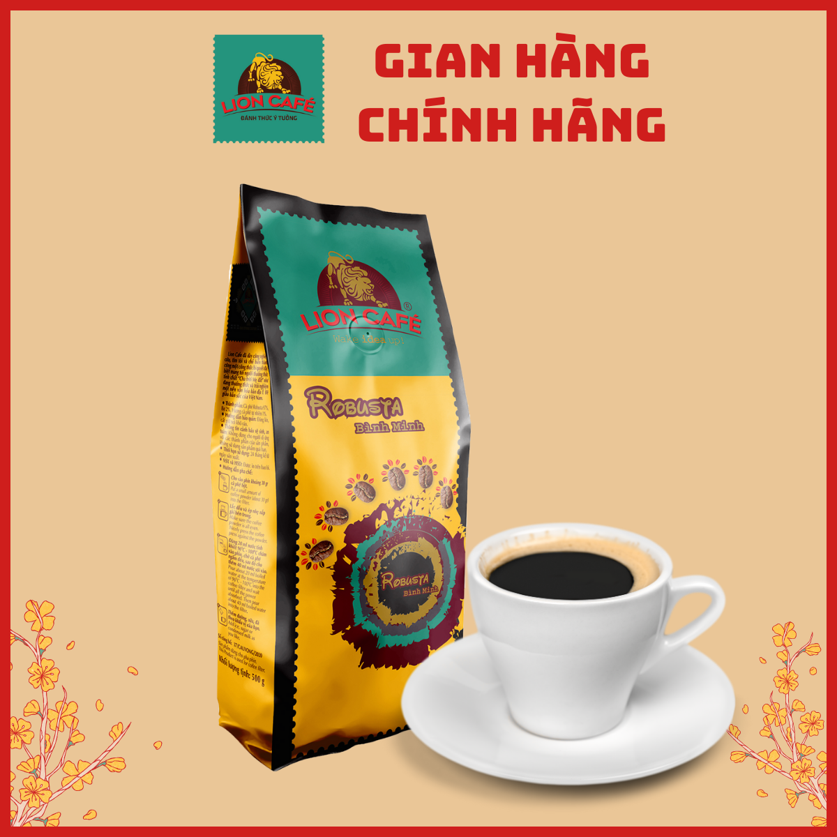 Cà Phê Rang Xay Robusta Bình Minh LION CAFE - 100% Hạt Cà Phê Nguyên Chất Rang Mộc - Gói 500gram